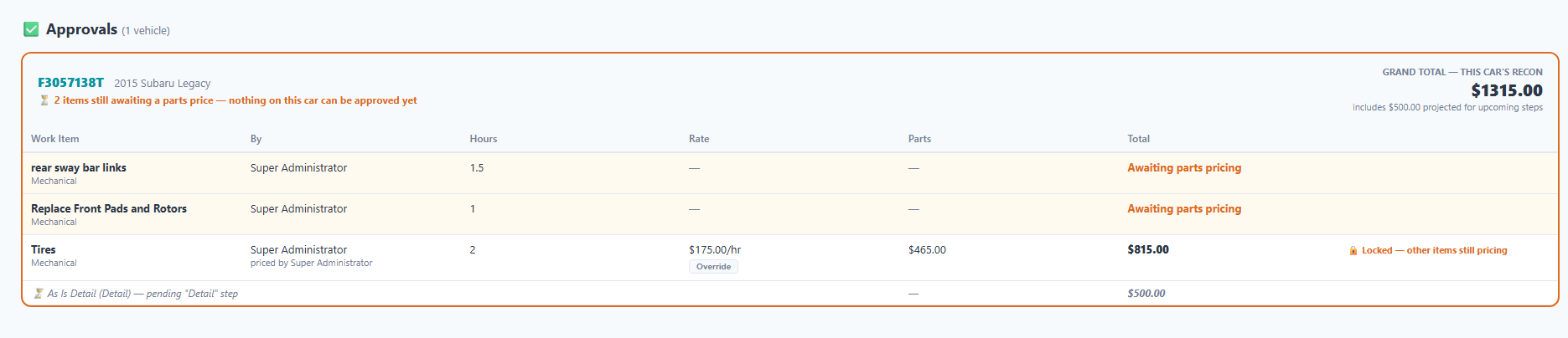 Actual ZeroGap Recon approvals view showing work items, labor, parts, totals, and pending pricing