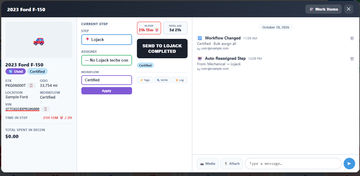 Actual ZeroGap Recon vehicle details panel with current step, time in step, and workflow activity log